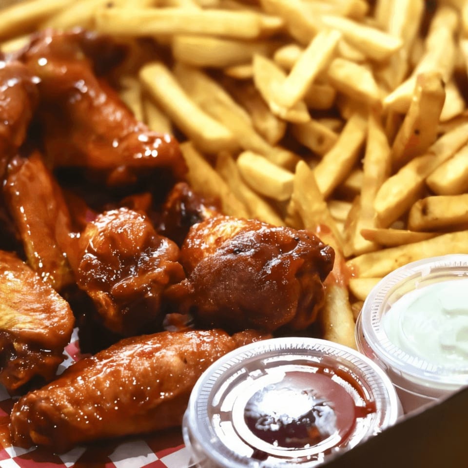 Close-up of Mazaj Mediterranean's chicken wings with fries and dipping sauces.